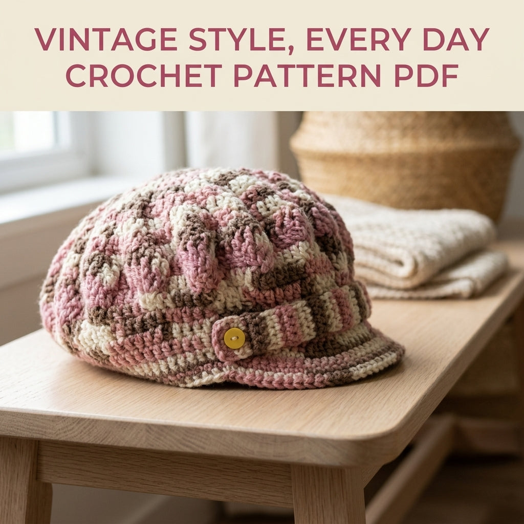 Newsboy Cap Crochet Pattern PDF – Slouchy Brimmed Hat with Button Tab