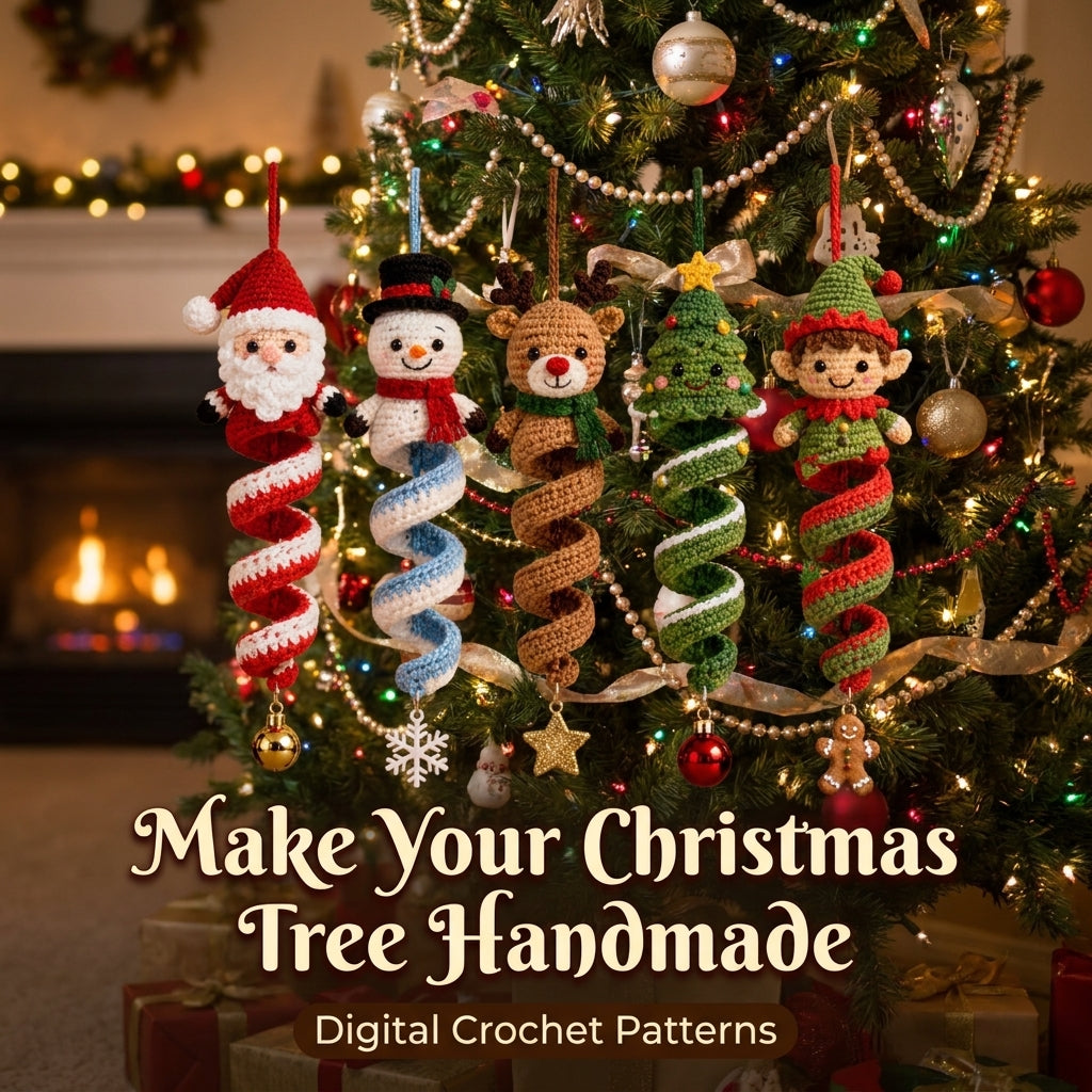 Christmas Spiral Ornament Crochet Pattern | Set of 5 Hanging Decorations | Santa, Snowman, Reindeer, Tree & Elf | PDF Instant Download