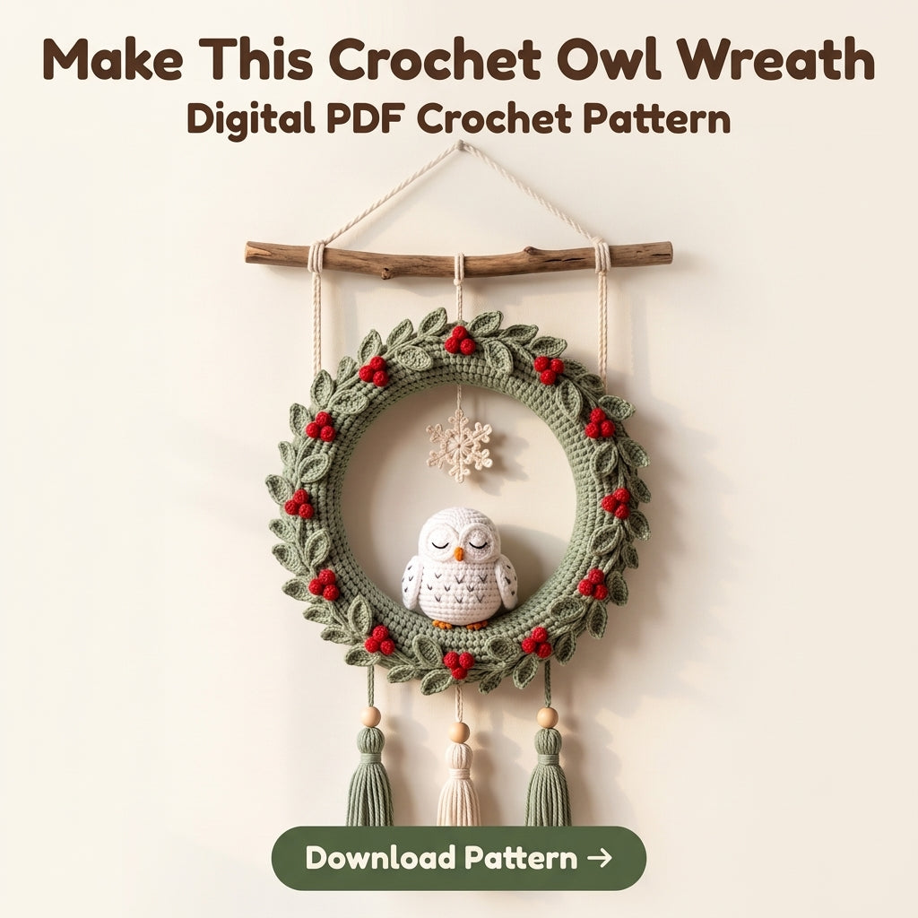 Crochet Wreath Wall Hanging Pattern – Sleeping Snowy Owl with Holly Berries