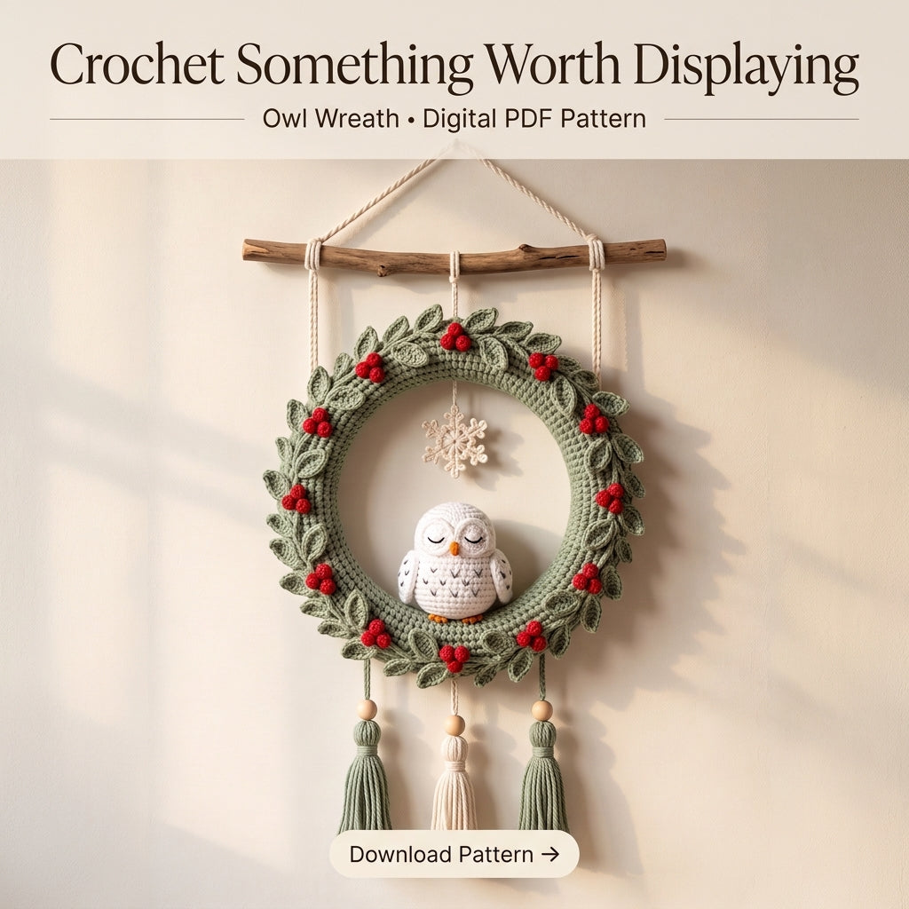 Crochet Wreath Wall Hanging Pattern – Sleeping Snowy Owl with Holly Berries