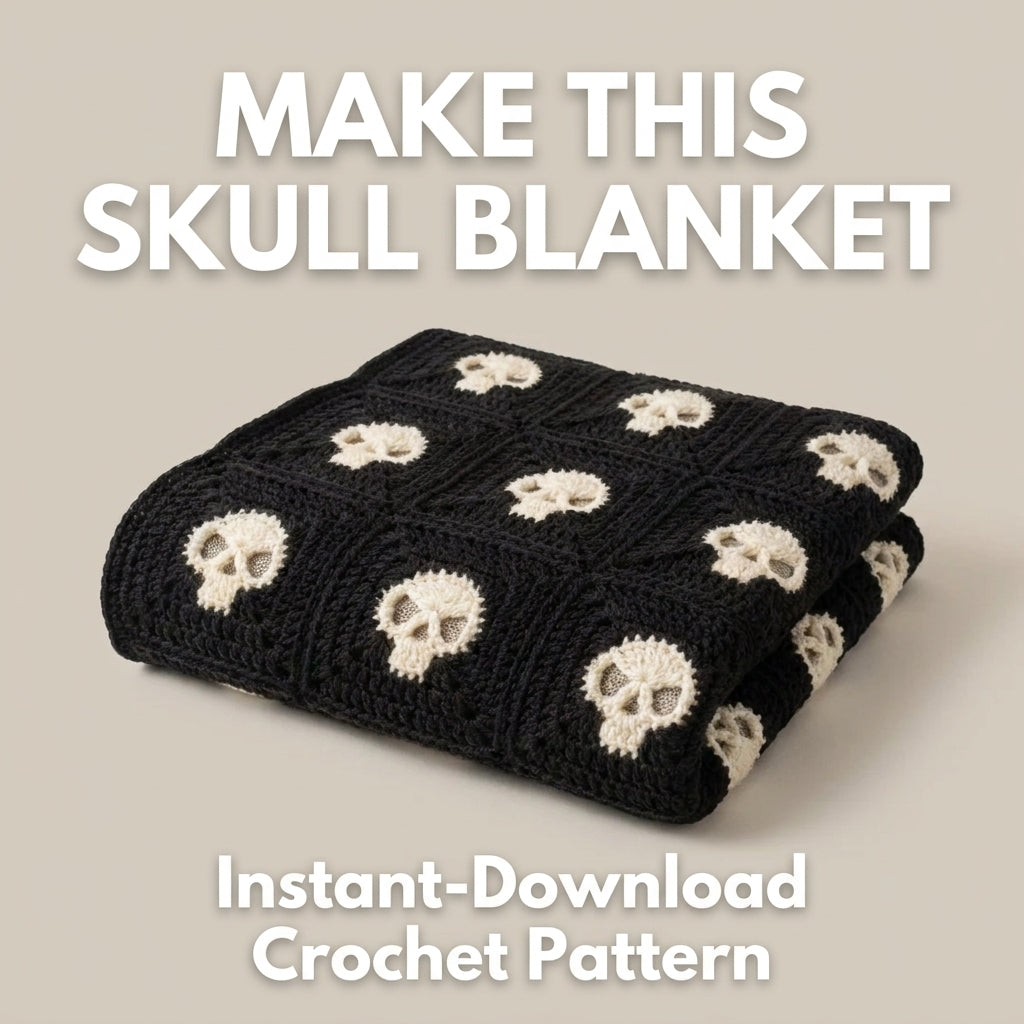 Skull Granny Square Blanket Crochet Pattern — Black and Cream Gothic Throw, 4 Sizes, US Terms, PDF Download
