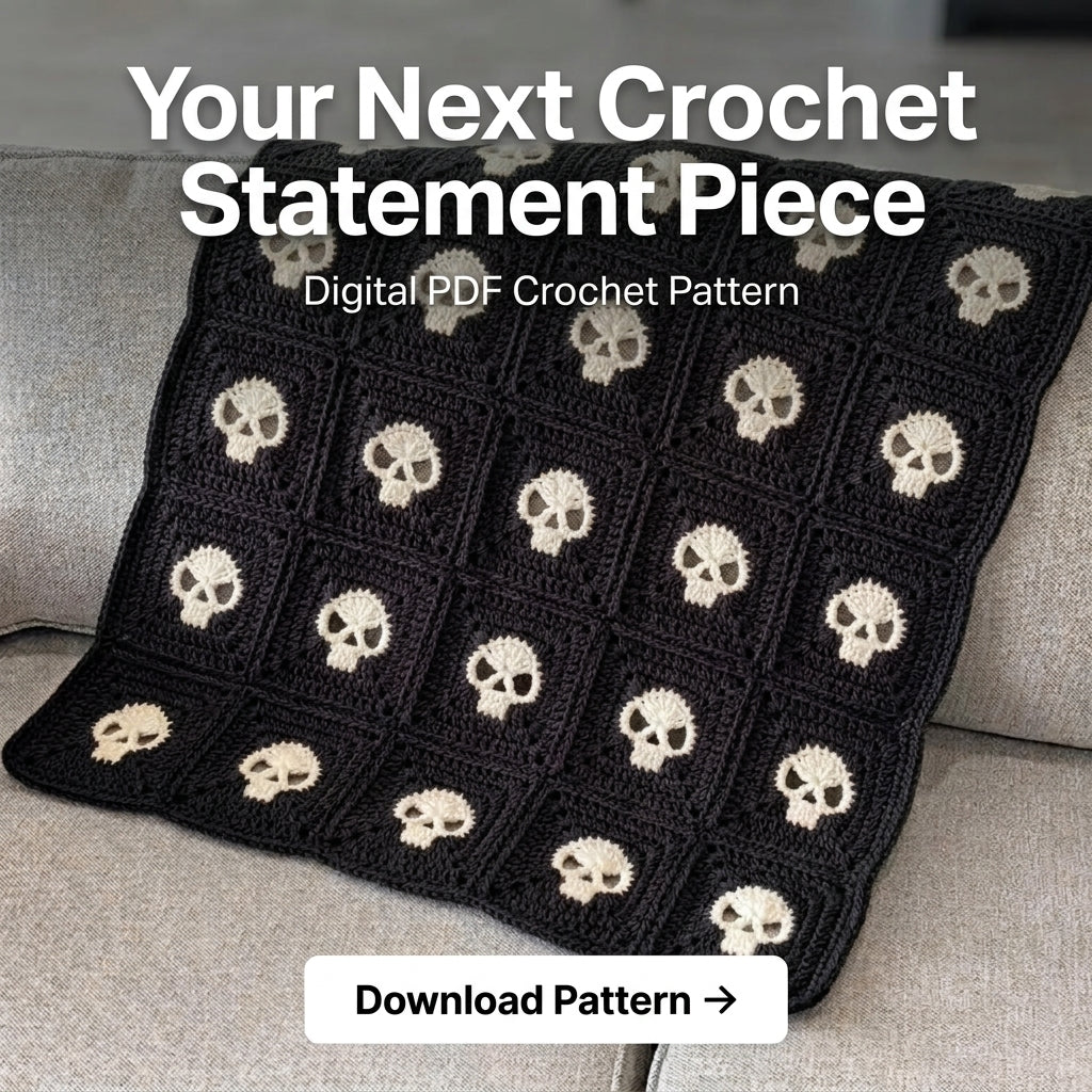 Skull Granny Square Blanket Crochet Pattern — Black and Cream Gothic Throw, 4 Sizes, US Terms, PDF Download