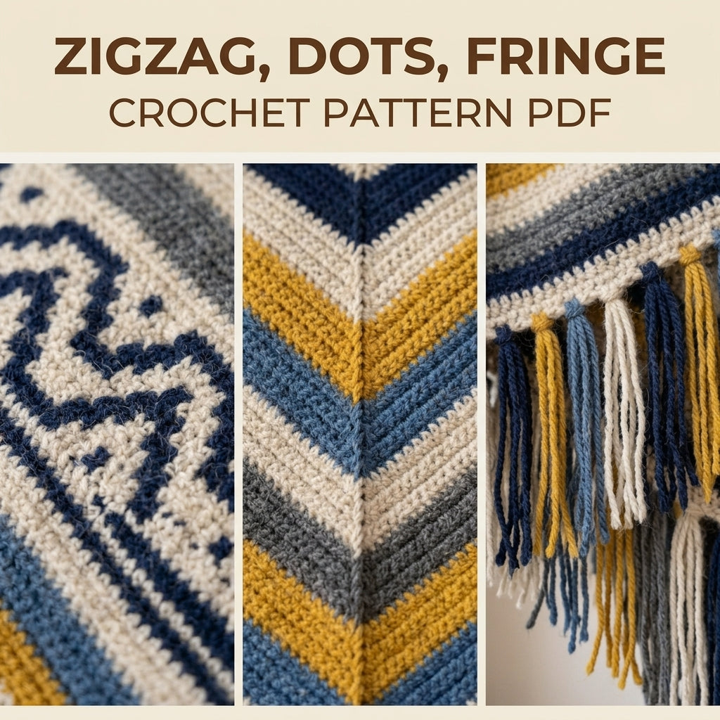 Denim Zigzag Poncho Crochet Pattern PDF – Boho Fringe Poncho with Colourwork Band