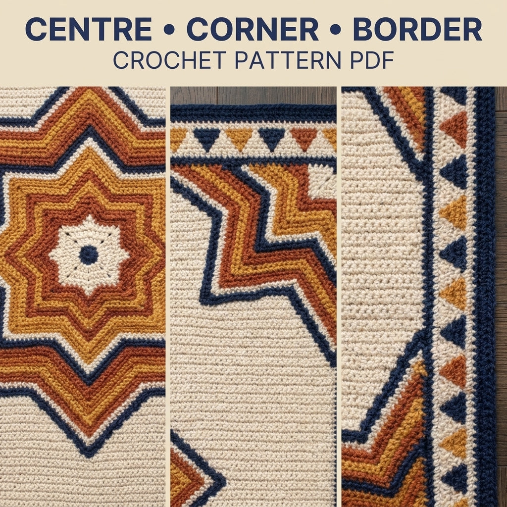 Star Tapestry Crochet Blanket Pattern PDF – Nested Eight-Point Star Throw in Navy, Rust and Mustard