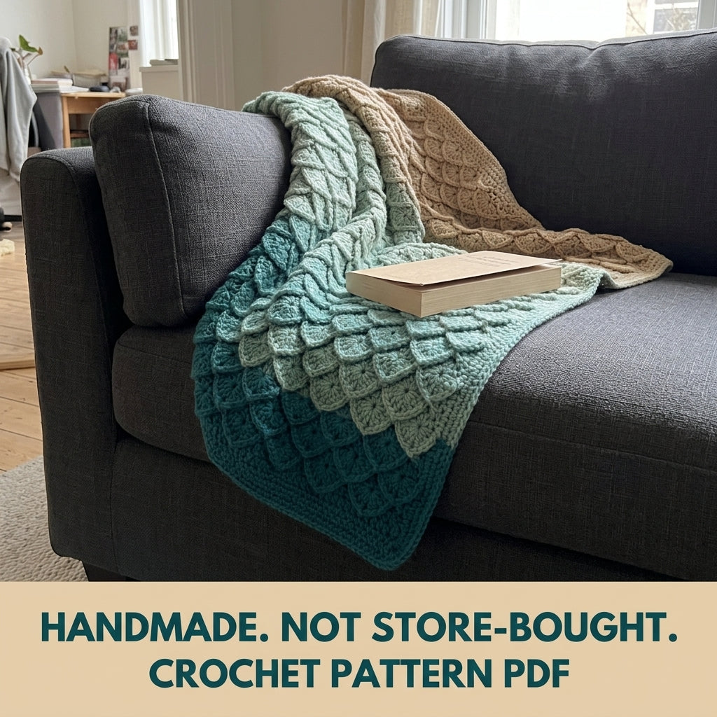 Mermaid Scale Crochet Blanket Pattern PDF – Textured 3D Scales Throw in Teal and Sand