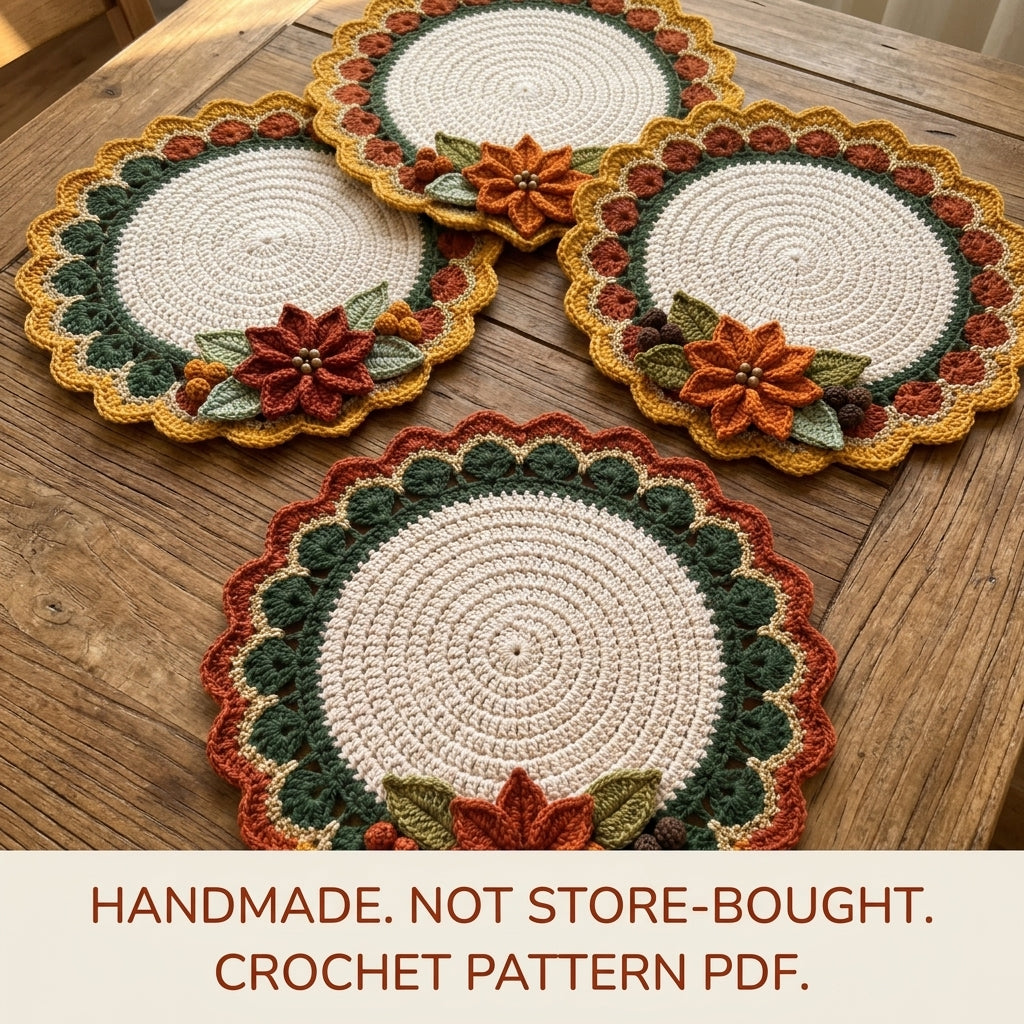 Autumn Poinsettia Placemat Set Crochet Pattern PDF – Round Table Mats