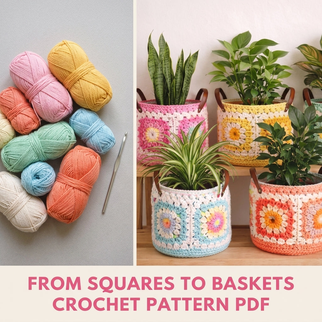 Granny Square Plant Basket Crochet Pattern PDF – Pot Cover with Handles