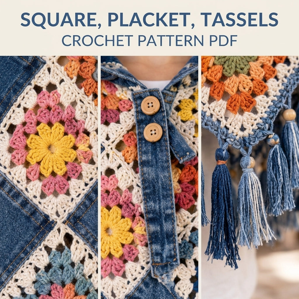 Denim Granny Square Poncho Crochet Pattern PDF – Kids Hooded Poncho