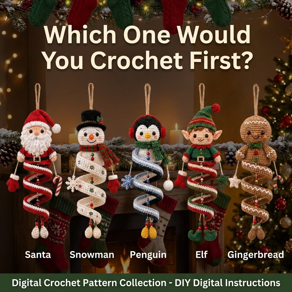 Christmas Spiral Ornament Crochet Pattern Bundle | 10 Hanging Characters | Santa, Snowman, Gingerbread, Angel & More | PDF Instant Download