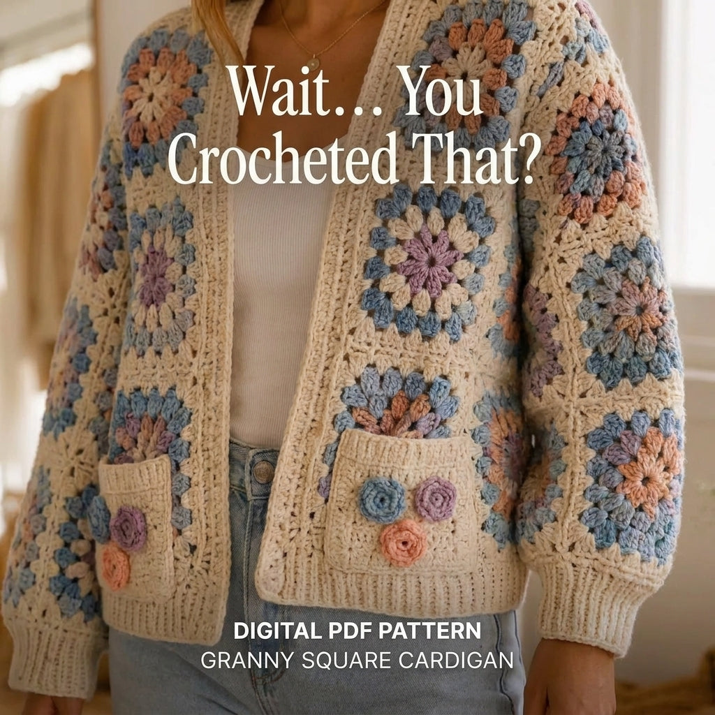 Granny Square Cardigan Crochet Pattern — Cream Boho Cardigan with Pockets and 3D Flowers, Sizes XS–3XL, US Terms, PDF Download