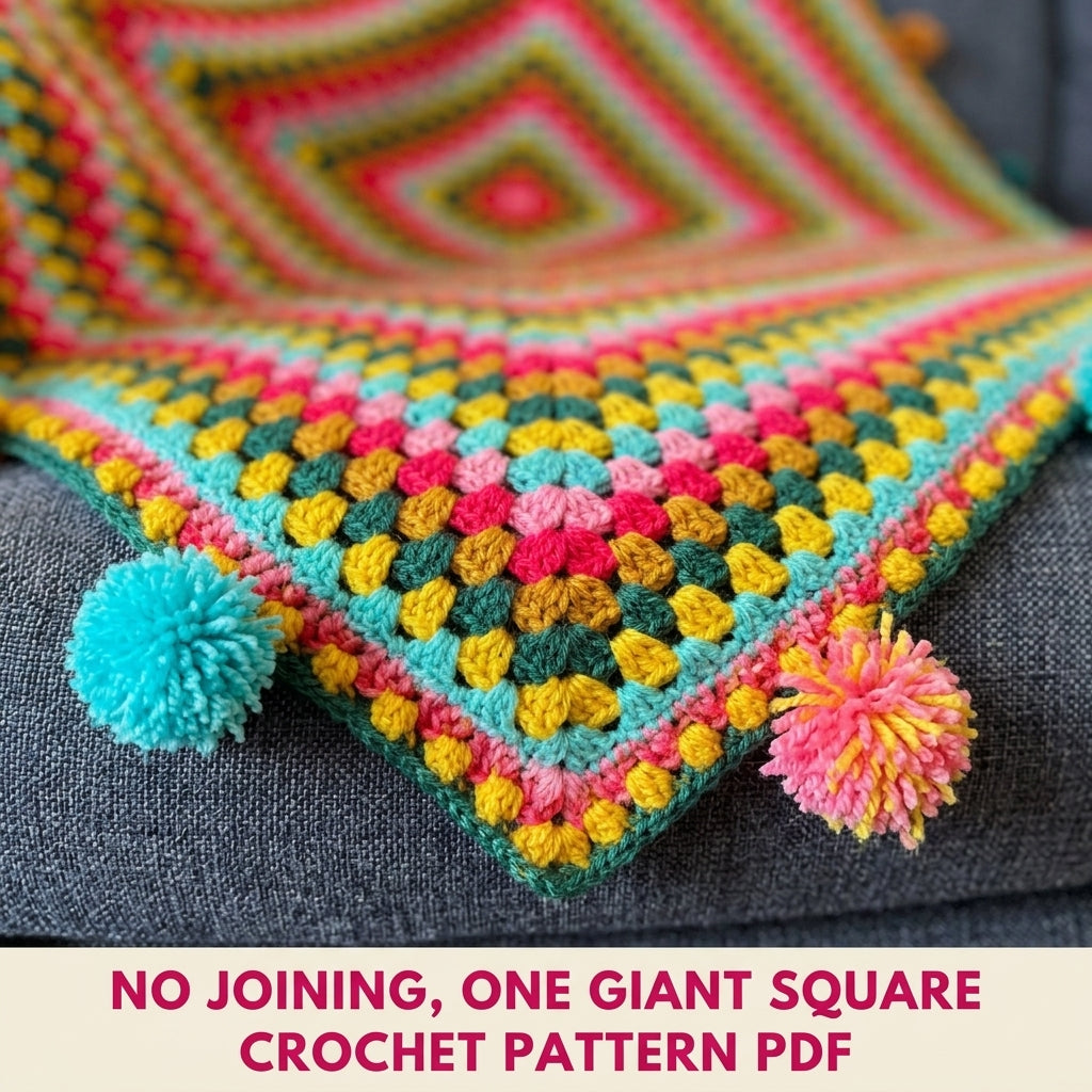 Pompom Giant Granny Square Blanket Crochet Pattern PDF – Bright Granny Throw with Pompoms