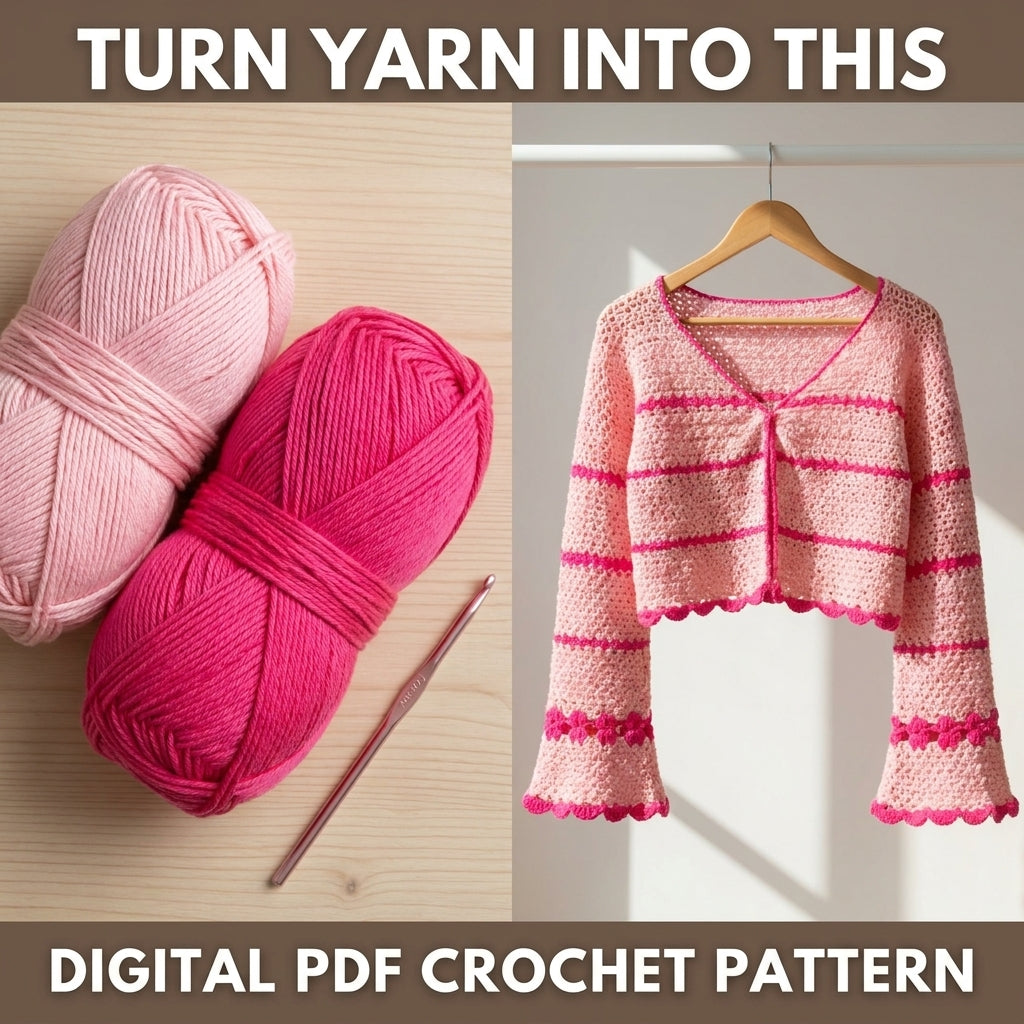 Striped Crochet Cardigan Pattern | Cropped Bolero with Flared Bell Sleeves | Picot Edging | Sizes XS–[XX] | PDF Instant Download