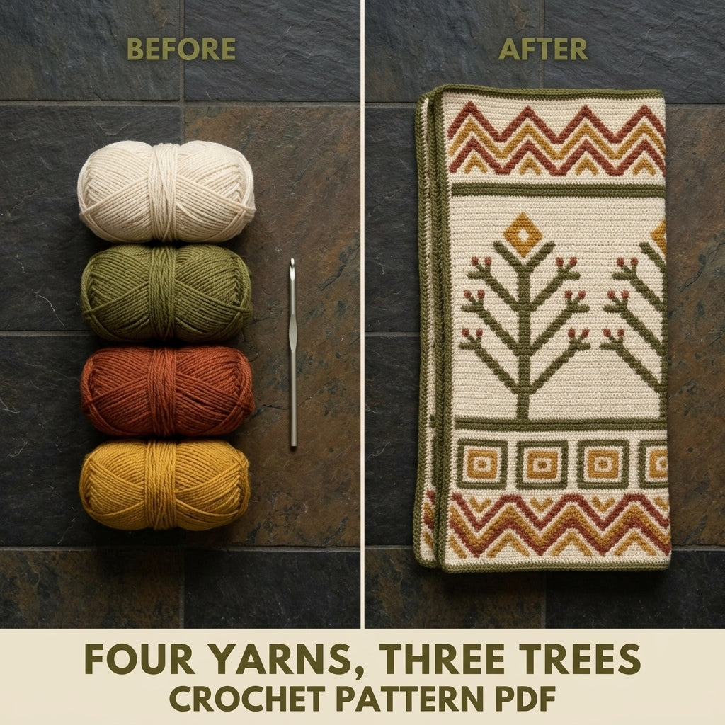 Tree of Life Tapestry Crochet Wall Hanging Pattern PDF – Trees and Chevrons in Olive, Rust and Mustard