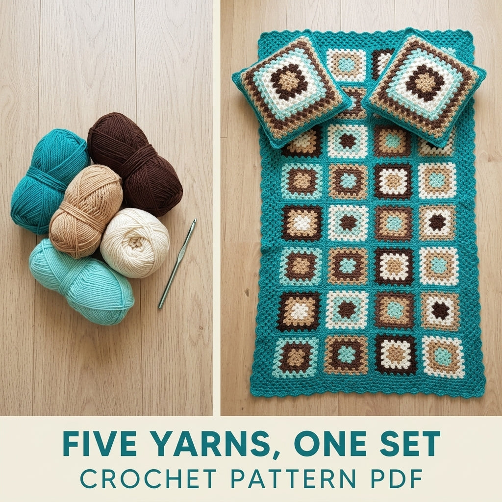 Teal Granny Bed Runner Set Crochet Pattern PDF – Bed Runner and Two Cushions