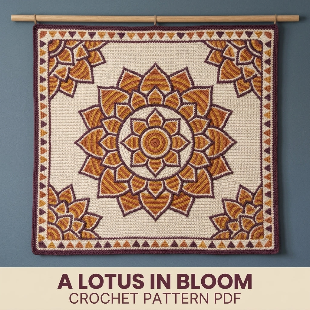 Lotus Mandala Tapestry Crochet Blanket Pattern PDF – Floral Throw in Mustard, Orange and Plum