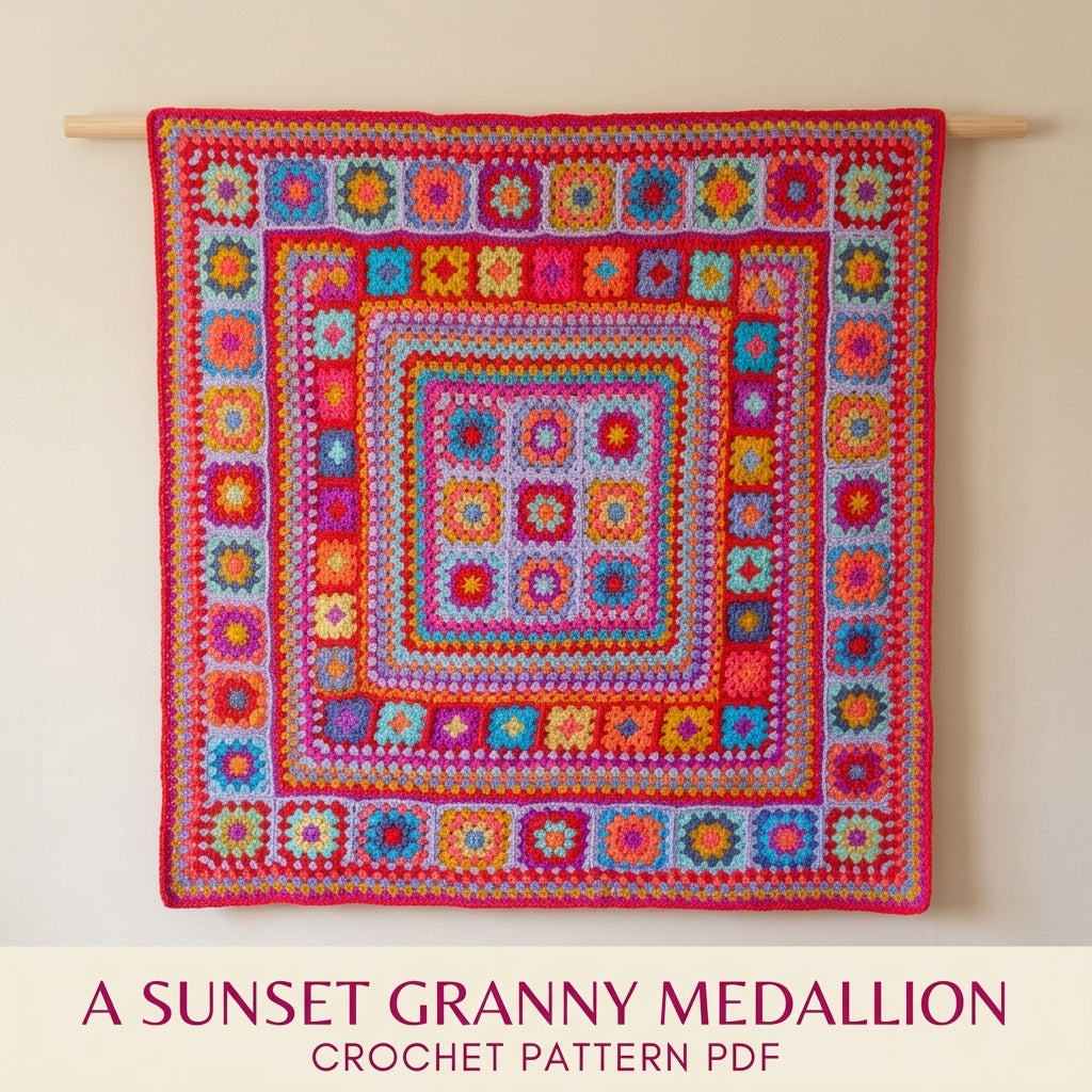 Sunset Granny Medallion Blanket Crochet Pattern PDF – Bright Pink and Orange Granny Throw