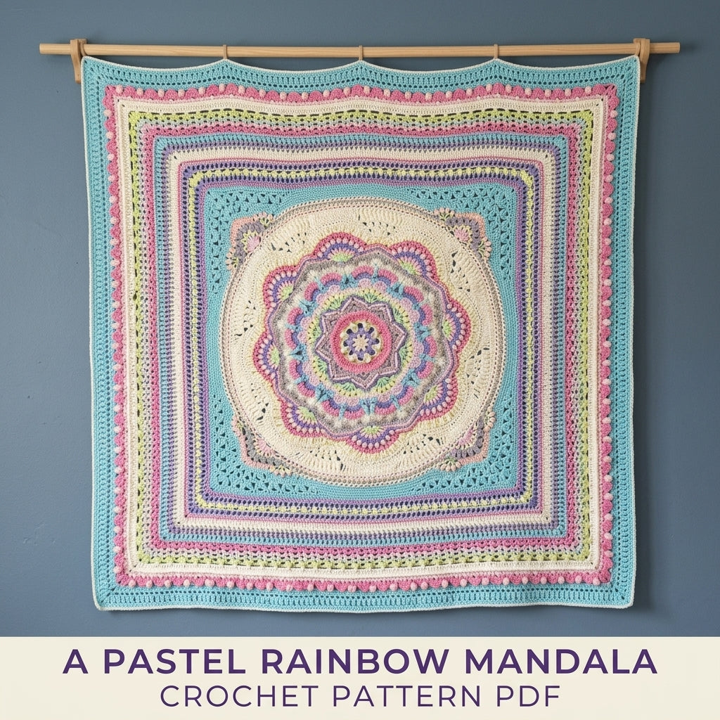 Pastel Rainbow Mandala Blanket Crochet Pattern PDF – Textured Mandala Square Throw