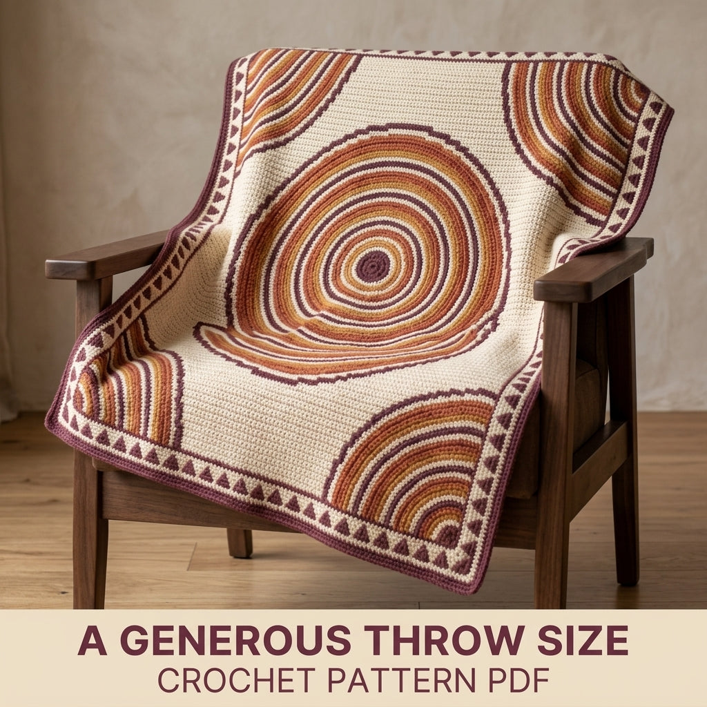 Ripple Rings Tapestry Crochet Blanket Pattern PDF – Concentric Circle Throw in Plum, Orange and Mustard