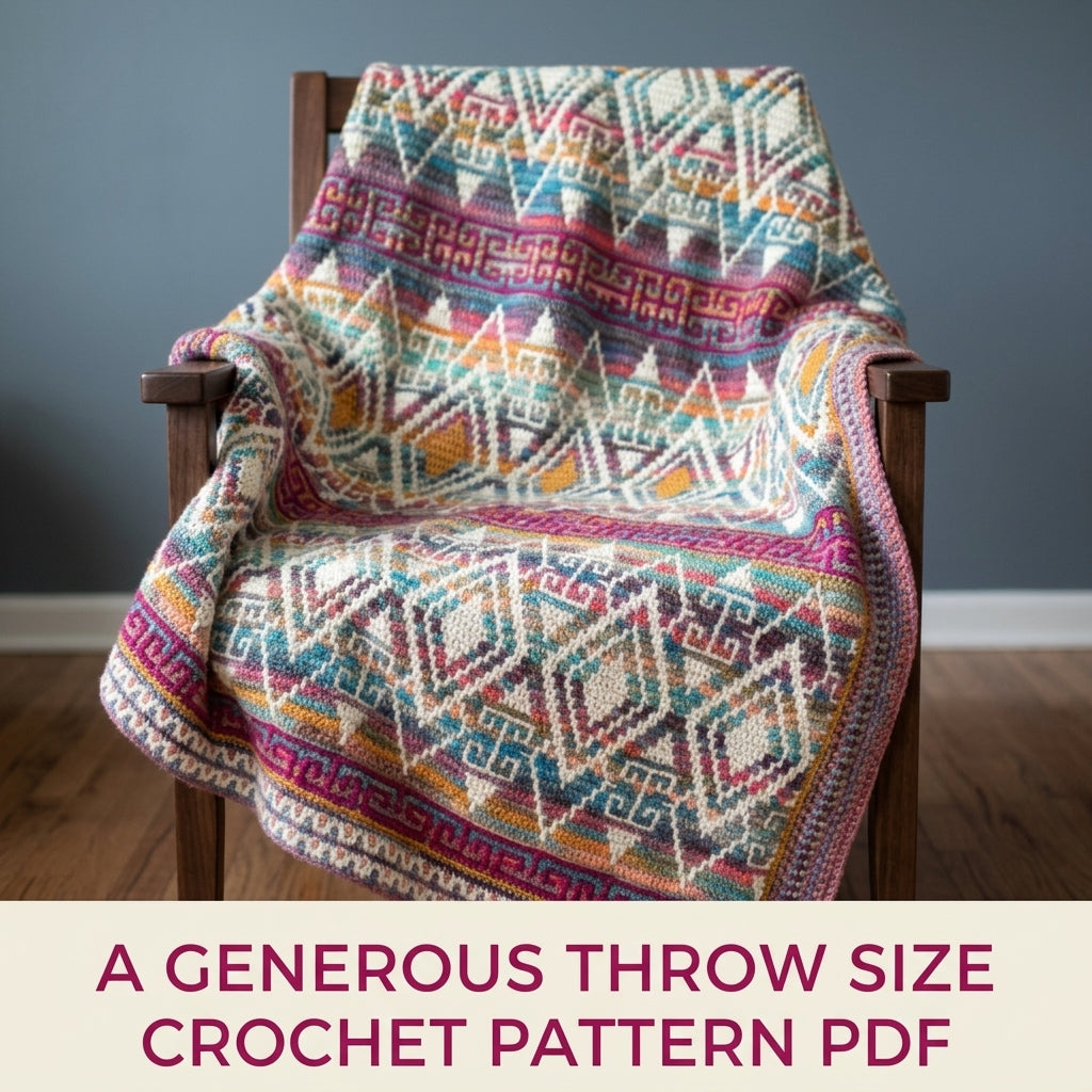 Variegated Mosaic Crochet Blanket Pattern PDF – Rainbow Band Throw with Greek Key