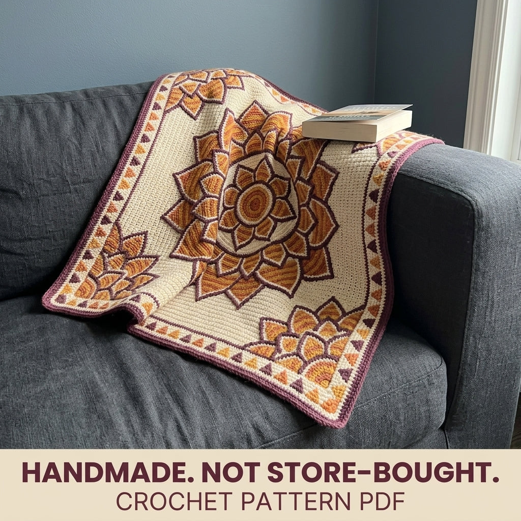 Lotus Mandala Tapestry Crochet Blanket Pattern PDF – Floral Throw in Mustard, Orange and Plum