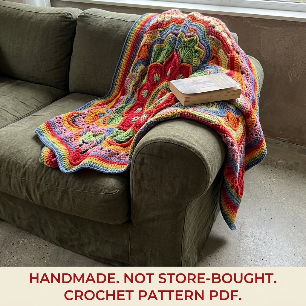 Rainbow Bloom Crochet Blanket Pattern PDF – Textured Overlay Mandala Throw with Stripes