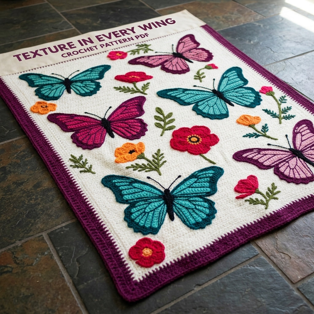 Butterfly Garden Appliqué Blanket Crochet Pattern PDF – Butterflies and Poppies Throw
