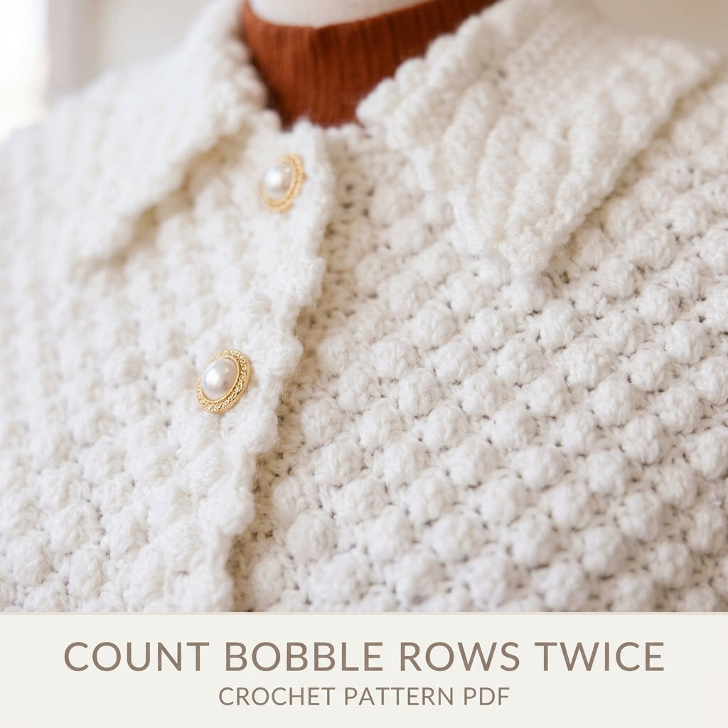 White Bobble Cape Crochet Pattern PDF – Button Front Cape with Collar and Fringe