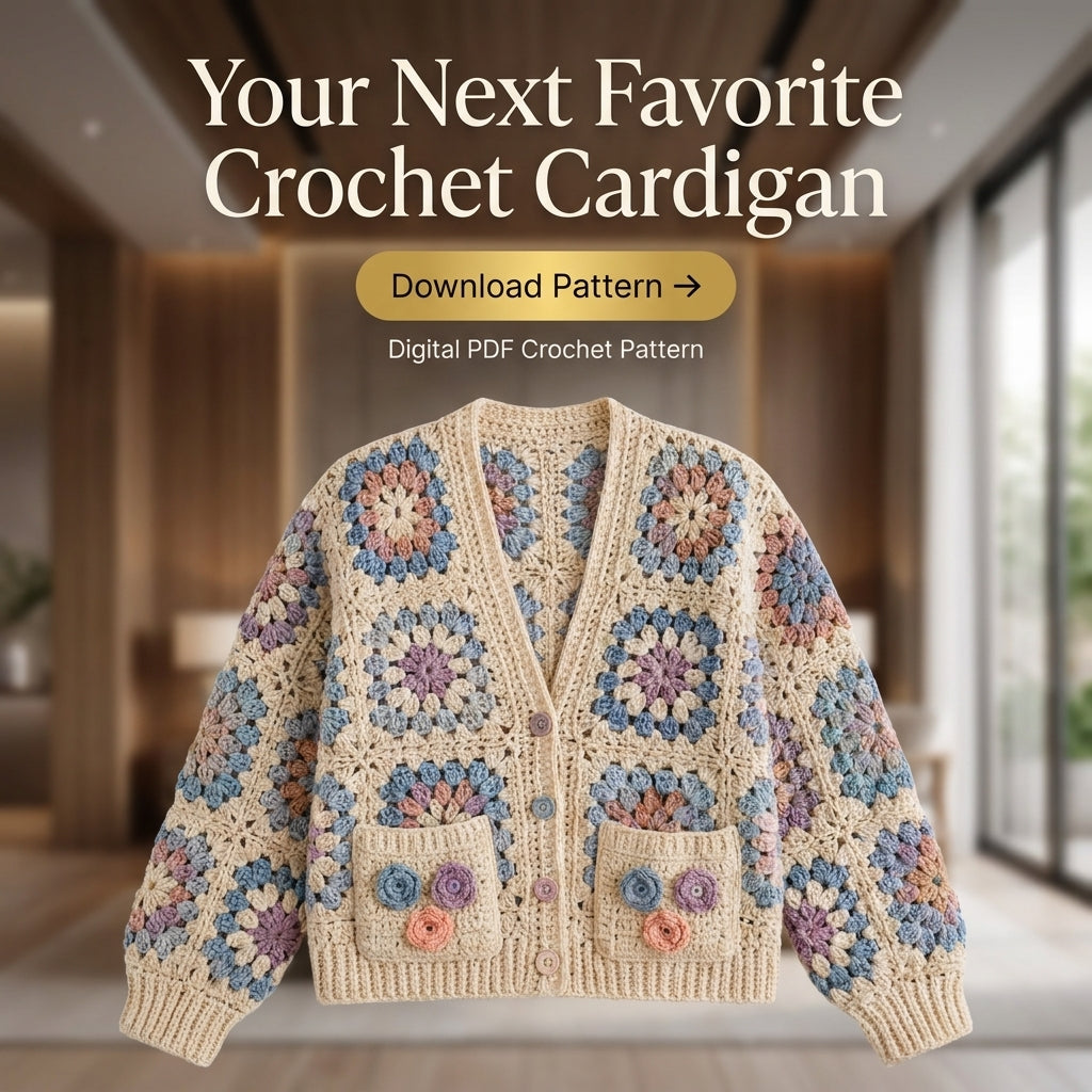 Granny Square Cardigan Crochet Pattern — Cream Boho Cardigan with Pockets and 3D Flowers, Sizes XS–3XL, US Terms, PDF Download