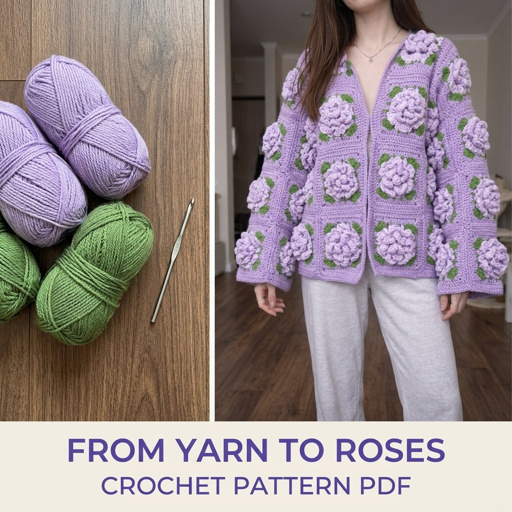 Lavender Rose Square Cardigan Crochet Pattern PDF – 3D Rose Granny Cardigan