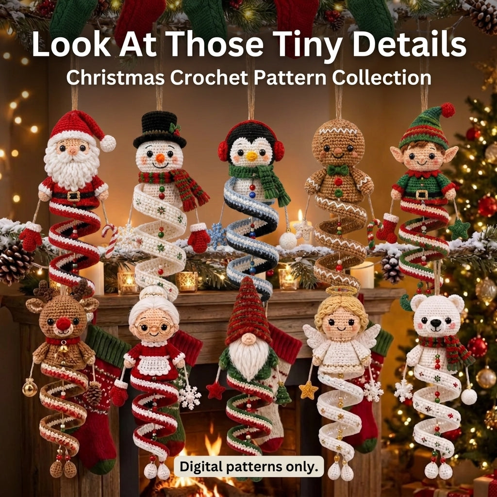 Christmas Spiral Ornament Crochet Pattern Bundle | 10 Hanging Characters | Santa, Snowman, Gingerbread, Angel & More | PDF Instant Download