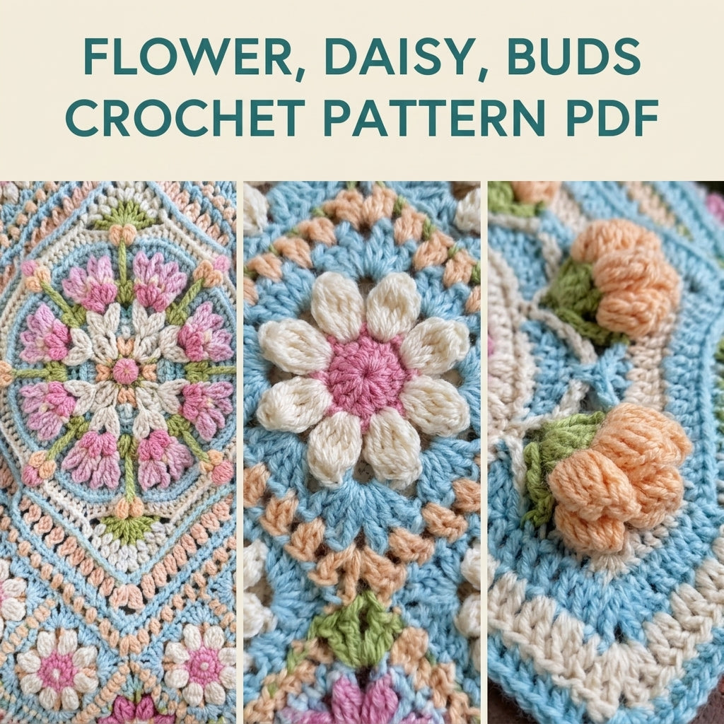 Aqua Garden Crochet Blanket Pattern PDF – Flower Medallion Square Throw with Daisies