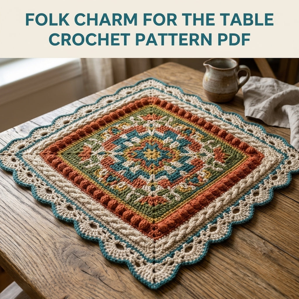 Folk Mandala Square Table Mat Crochet Pattern PDF – Textured Centrepiece