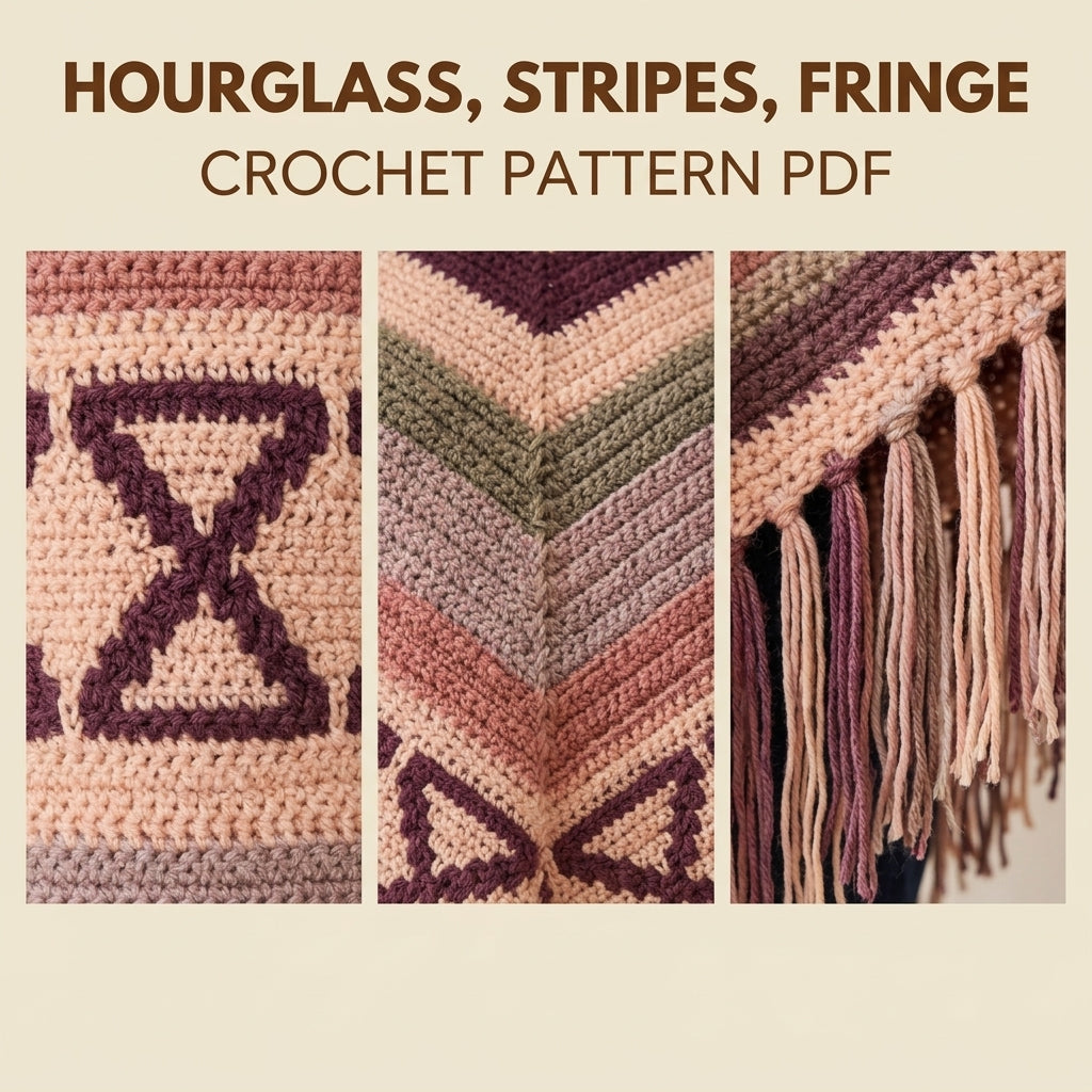 Hourglass Rose Poncho Crochet Pattern PDF – Boho Fringe Poncho with Colourwork Band
