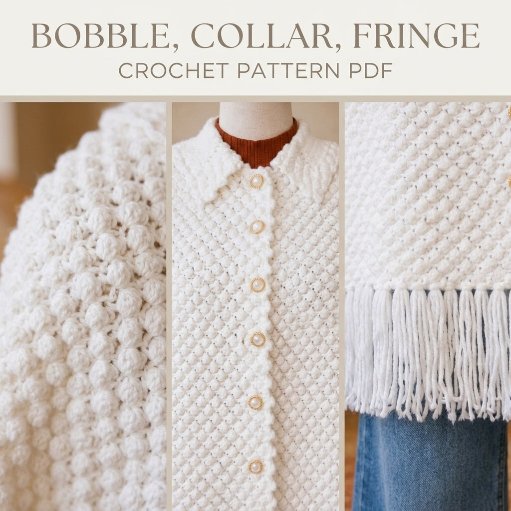 White Bobble Cape Crochet Pattern PDF – Button Front Cape with Collar and Fringe