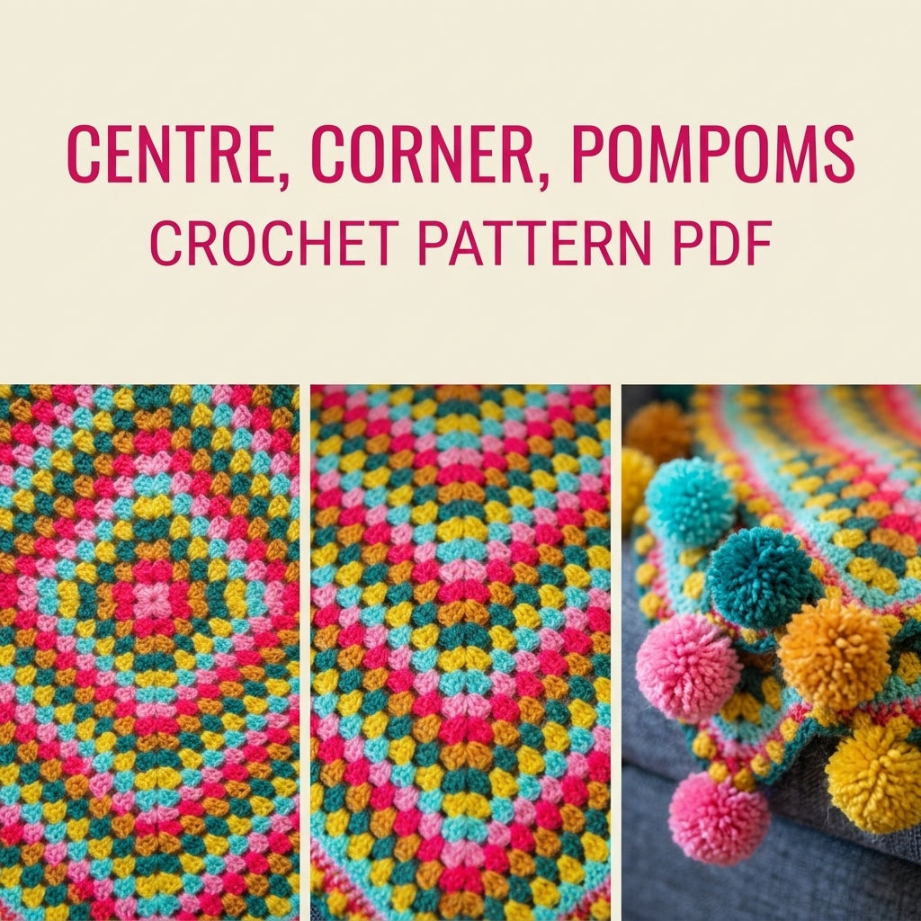 Pompom Giant Granny Square Blanket Crochet Pattern PDF – Bright Granny Throw with Pompoms