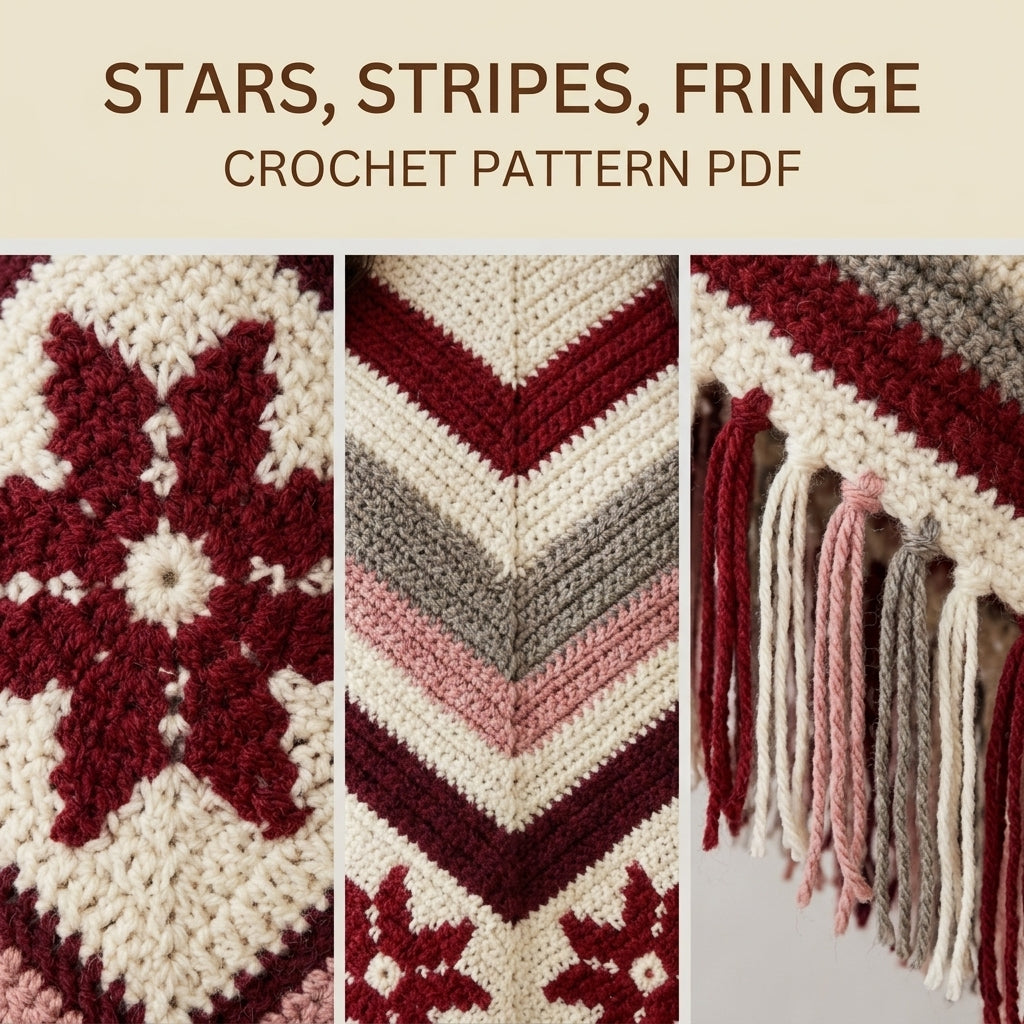 Burgundy Star Poncho Crochet Pattern PDF – Boho Fringe Poncho with Colourwork Band
