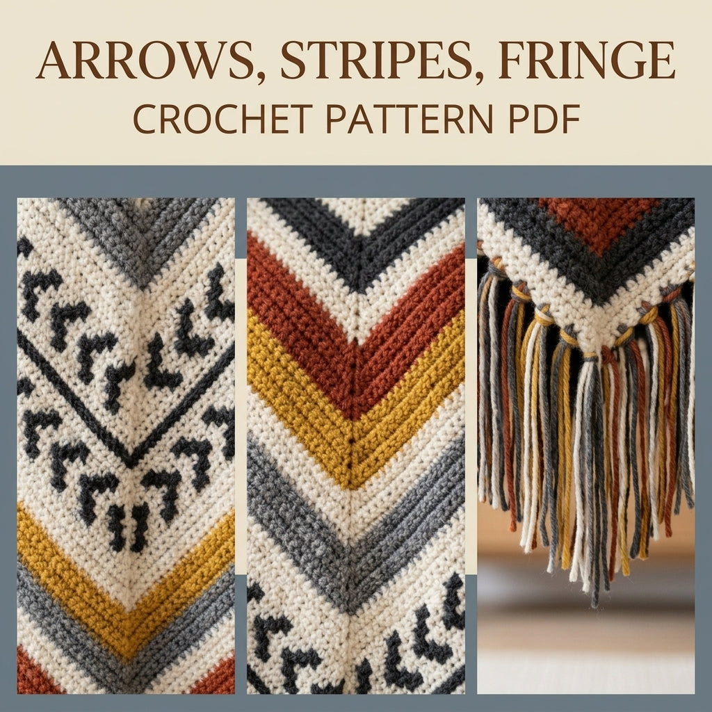 Arrow Stripe Poncho Crochet Pattern PDF – Boho Fringe Poncho with Colourwork Band