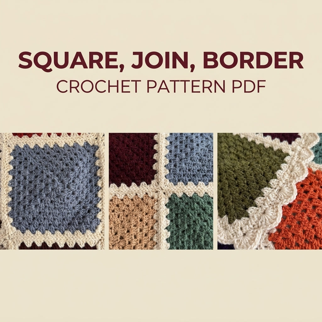 Cream Frame Granny Square Blanket Crochet Pattern PDF – Solid Square Throw with Scalloped Border