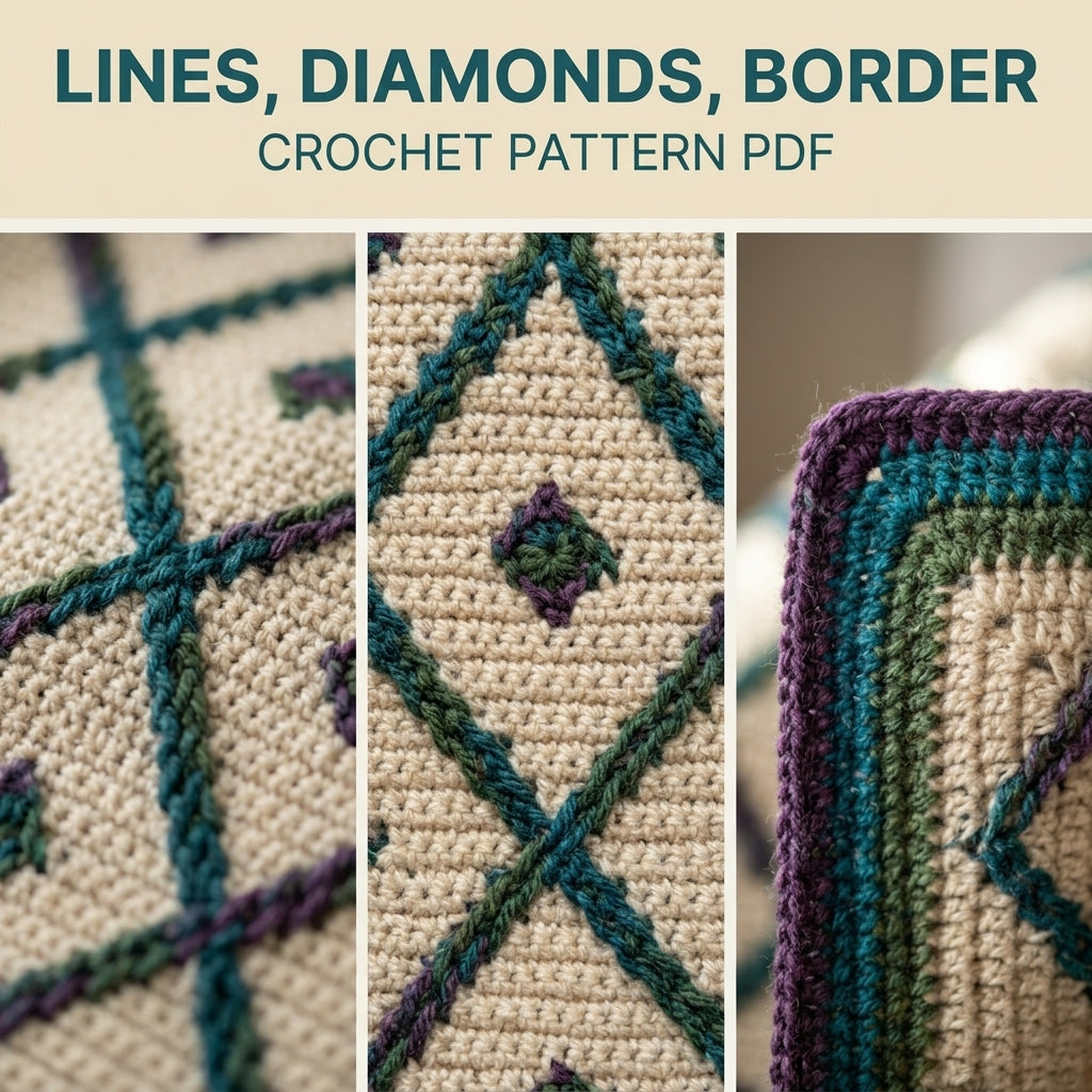 Trellis Mosaic Crochet Blanket Pattern PDF – Diamond Lattice Throw in Teal, Plum and Green
