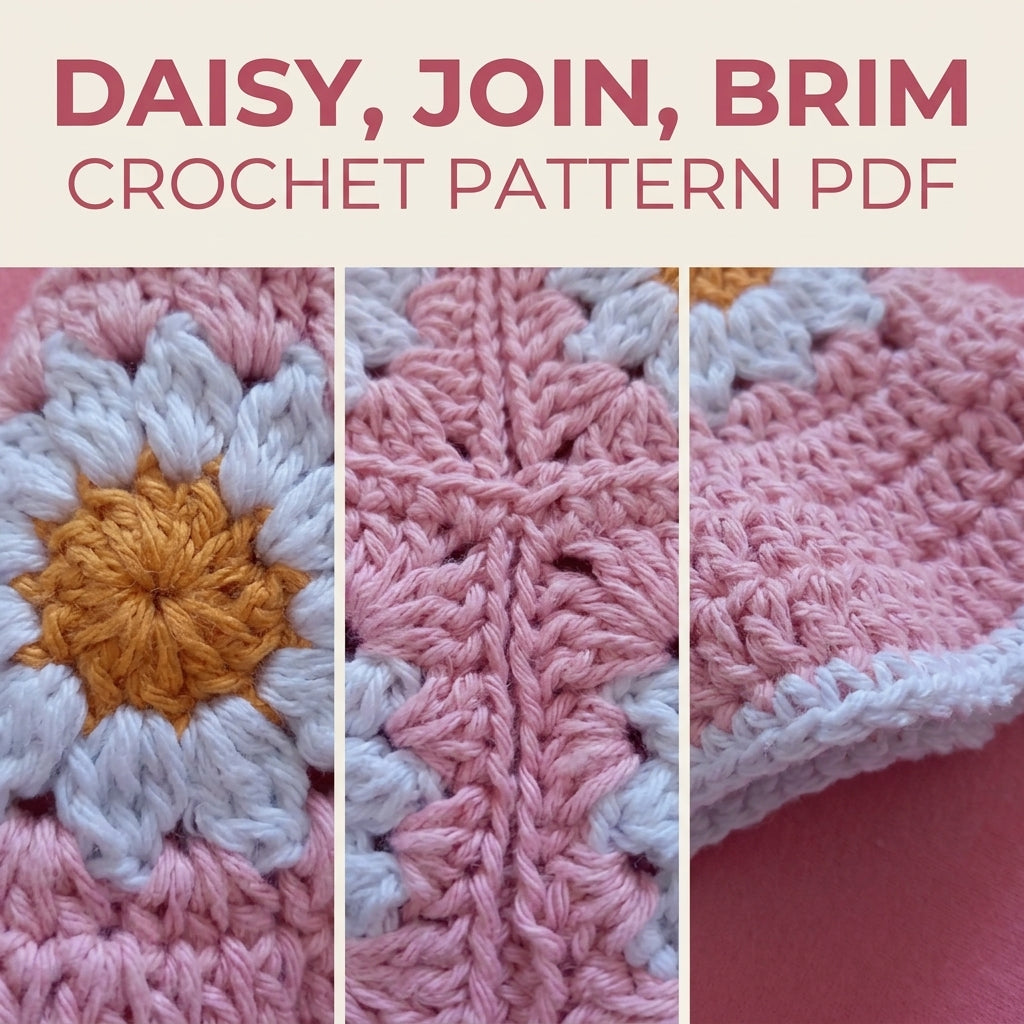 Pink Daisy Granny Bucket Hat Crochet Pattern PDF – Granny Square Sun Hat with Flowers