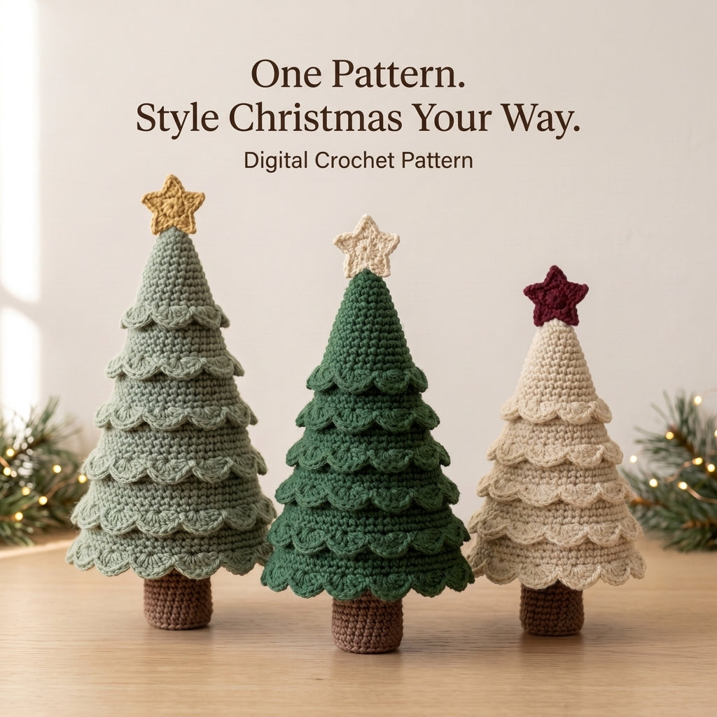 Crochet Christmas Tree Pattern – 3 Sizes, Scalloped Tabletop Trees