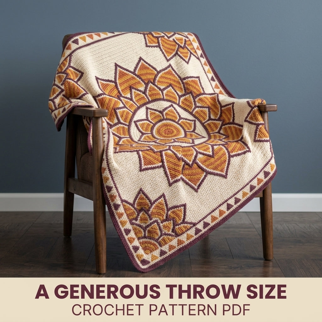Lotus Mandala Tapestry Crochet Blanket Pattern PDF – Floral Throw in Mustard, Orange and Plum