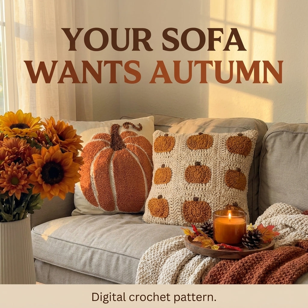 Pumpkin Granny Square Cushion Crochet Pattern — Autumn Pillow Cover in Cream and Rust, US Terms, PDF Download