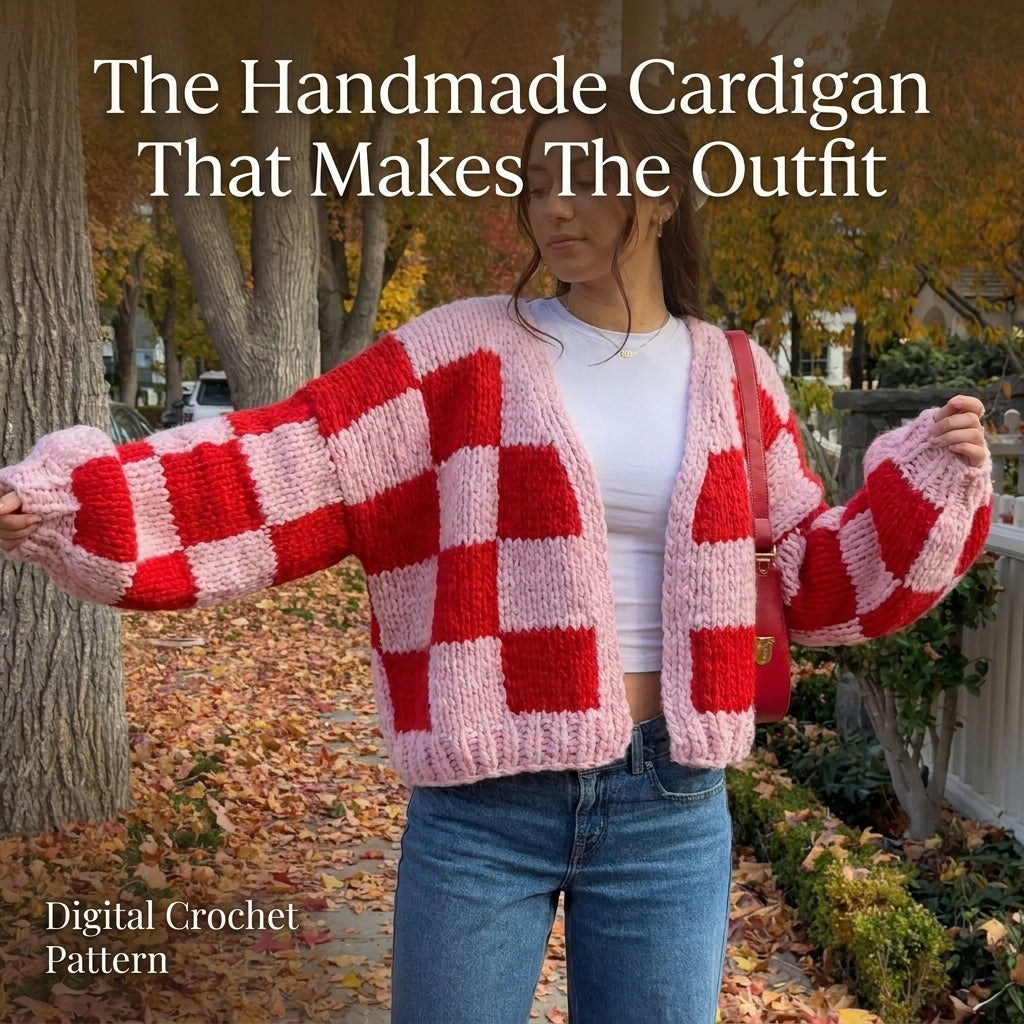 Chunky Checkerboard Cardigan KNITTING Pattern | Oversized Hand Knit Check Cardigan | Super Bulky Weekend Project | Sizes XS–[XX] | PDF Instant Download