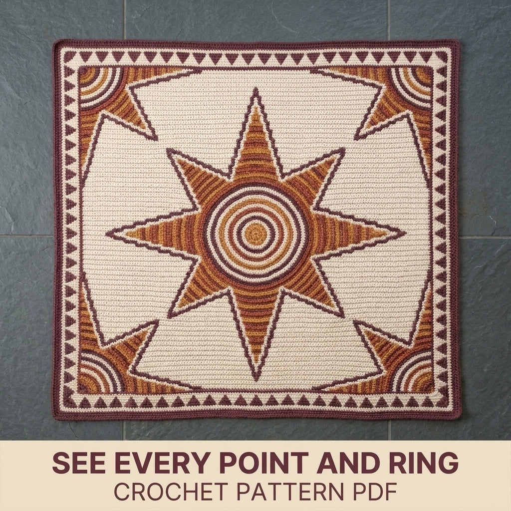 Sun Star Tapestry Crochet Blanket Pattern PDF – Celestial Throw in Mustard, Orange and Plum