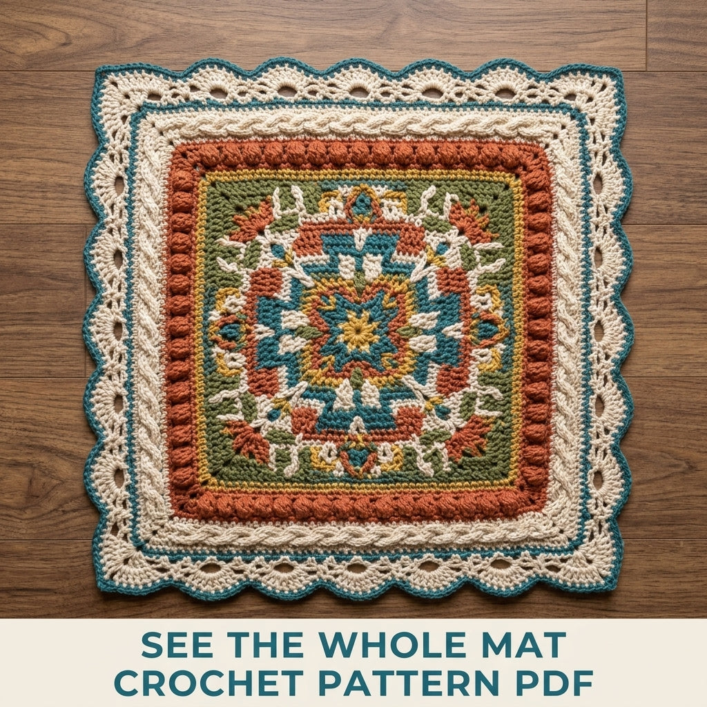 Folk Mandala Square Table Mat Crochet Pattern PDF – Textured Centrepiece