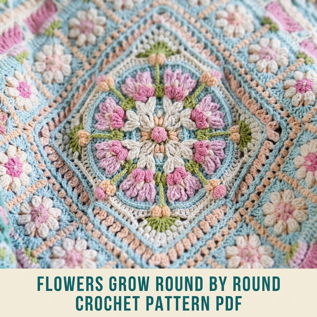 Aqua Garden Crochet Blanket Pattern PDF – Flower Medallion Square Throw with Daisies
