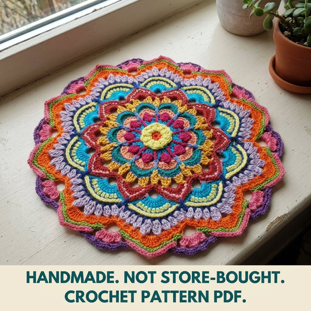 Rainbow Mandala Crochet Pattern PDF – Colourful Round Doily for Yarn Scraps