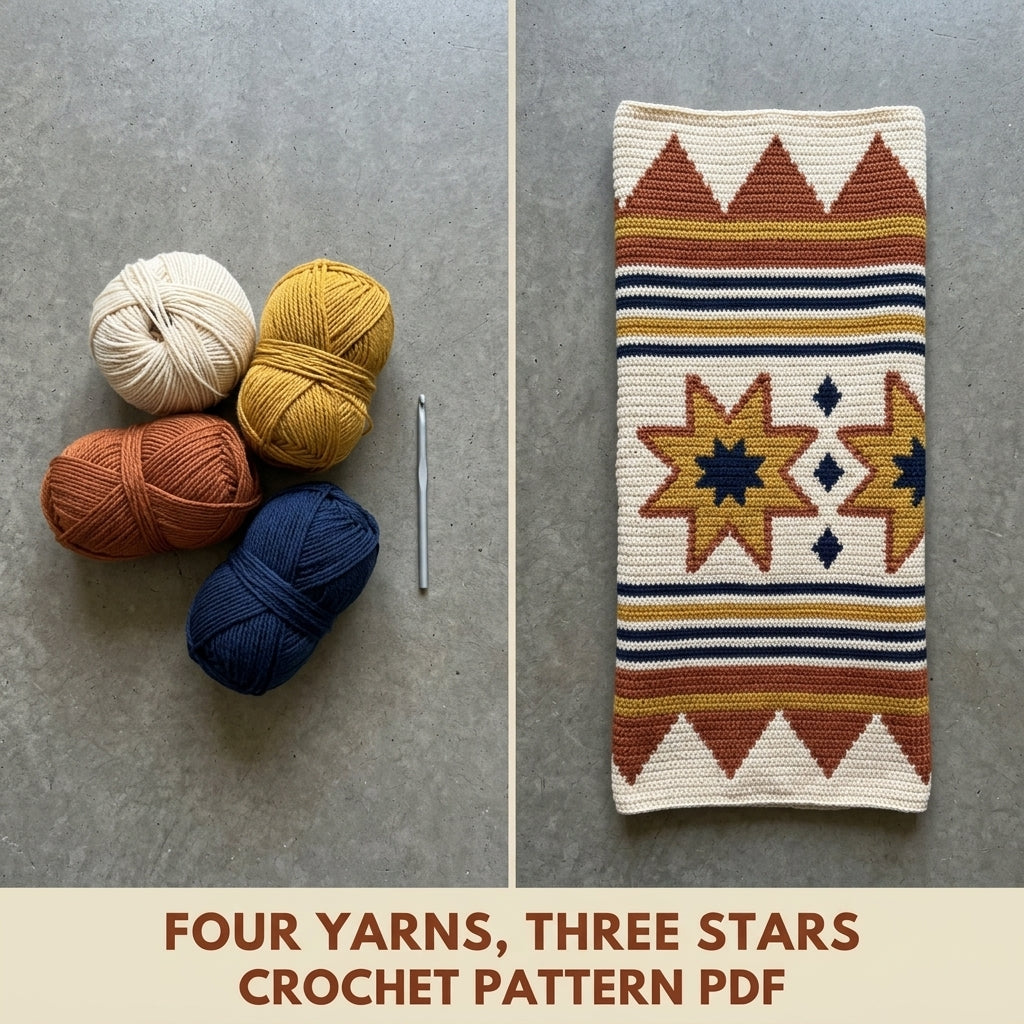 Star Tapestry Crochet Wall Hanging Pattern PDF – Eight-Point Stars in Mustard, Rust and Navy