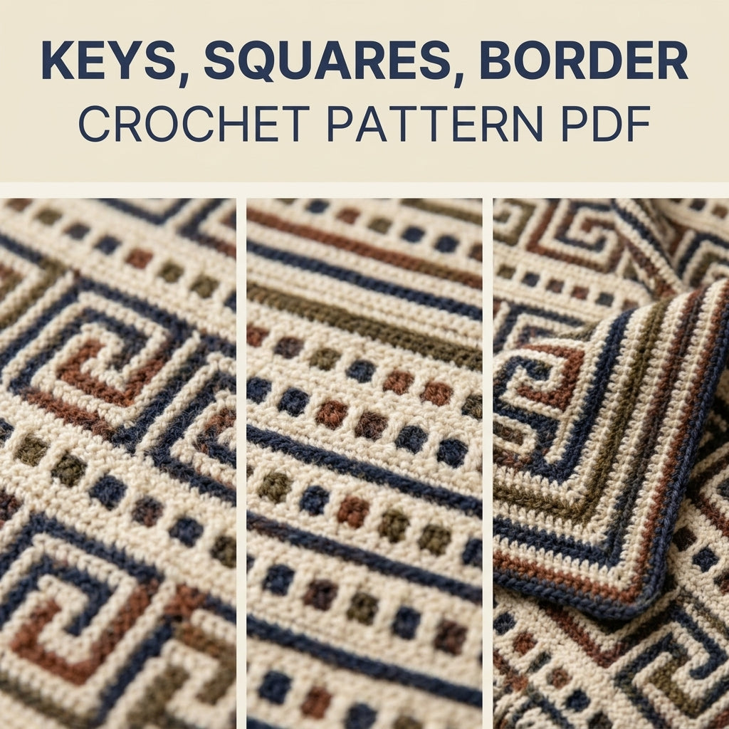 Greek Key Mosaic Crochet Blanket Pattern PDF – Classic Throw in Navy, Rust and Olive